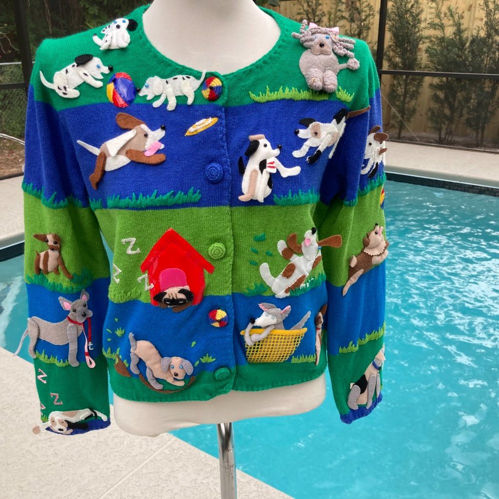 90s Michael Simon Novelty Dog Applique Cardigan Vintage Striped Button SMALL
